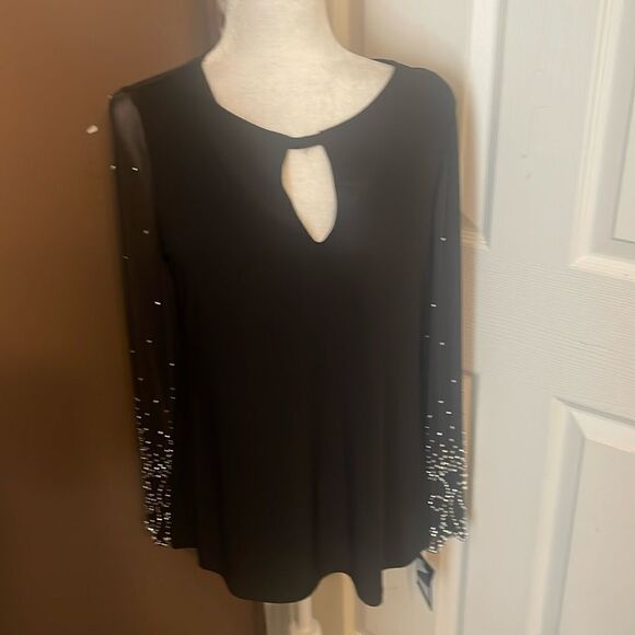 MARINA Tops - Marina Beaded Sleeve Keyhole Sheath blouse Black Size 10 NWT